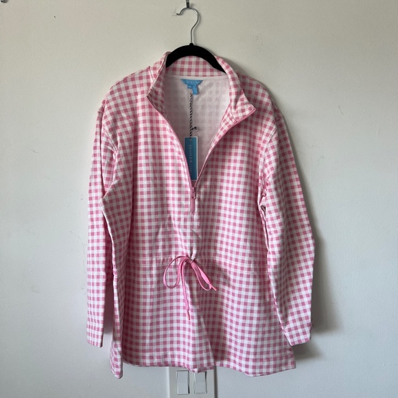 Draper James Cinch Waist Quarter-Zip in Pink Gingham size 1X - Picture 4 of 10